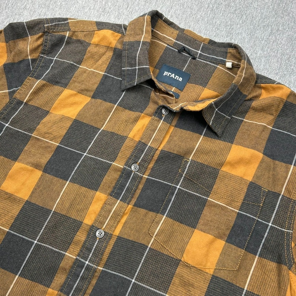 Prana Button Up Long Sleeve Flannel Shirt‎ Mens Large Black Gold Plaid Outdoor